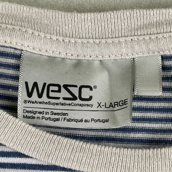 WeSC Shirt Mens X-Large Blue White Striped Doug Pocket Crewneck Tee Short Sleeve - Picture 4 of 8